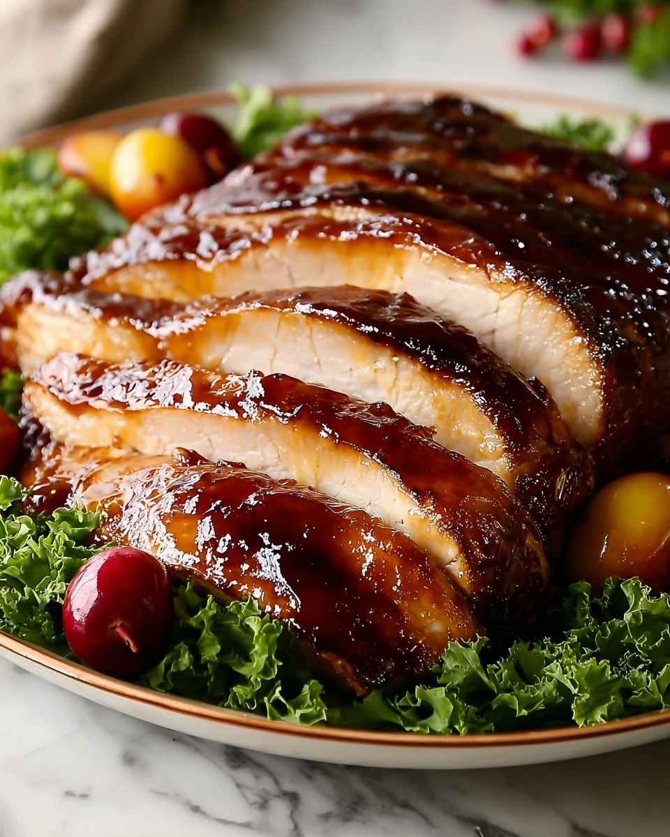 The image shows a sliced, glazed roast with a shiny, dark brown sauce covering the top and sides of the meat. There are about seven visible slices, each showing juicy white flesh inside with a thin golden brown crust outside. A sprig of green rosemary lays across the top, adding a fresh touch. A wedge of red and yellow apple is tucked near the front slices, sitting in the rich sauce pooled on the textured white plate. A silver fork with a rosemary sprig nearby lies on the plate’s right side, and the background is a dark, blurred scene with a white marbled surface under the plate. Photo taken with an iphone --ar 4:5 --v 7