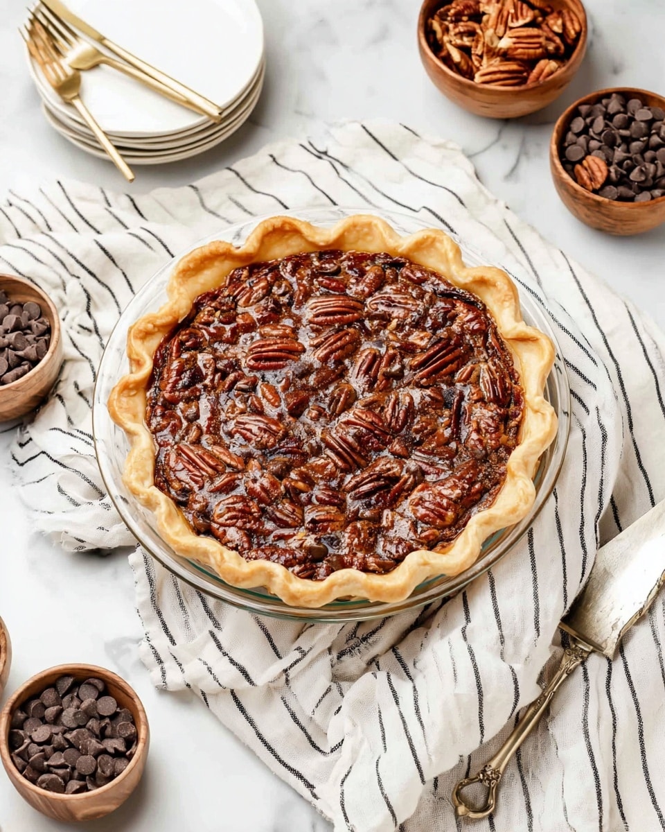 The image shows a pecan pie in a clear glass pie dish. The pie has one layer of golden brown crust with a wavy edge, topped by a thick layer filled with glossy, dark brown pecan halves spread evenly with melted chocolate chips scattered among them. The pie sits on a white cloth with black stripes on a white marbled surface. Around the pie, there is a wooden bowl filled with pecans, another wooden bowl filled with chocolate chips, and white plates stacked together with gold cutlery on top. A vintage silver pie server and knife are placed near the pie. photo taken with an iphone --ar 4:5 --v 7