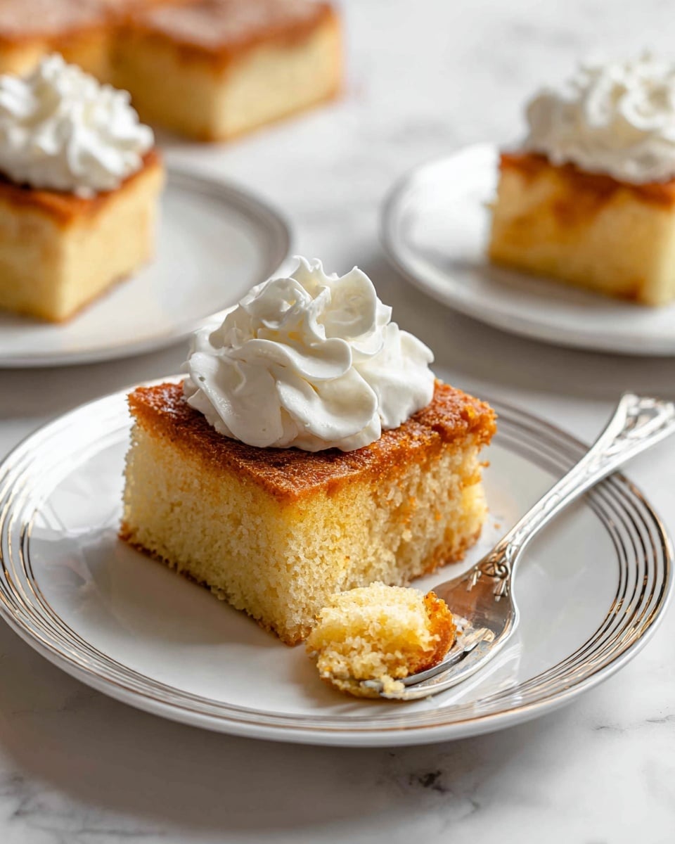 A square piece of dessert with two visible layers is placed on a white plate. The bottom layer is a light golden brown crust with a slightly crumbly texture, while the top layer is thicker and darker brown, looking moist and soft. On top of this, a swirl of white whipped cream adds a fluffy, smooth texture. A silver fork lies beside the dessert on the plate. The background shows soft focus views of more pieces of the same dessert on white plates, all sitting on a white marbled surface with a tiled white wall behind. photo taken with an iphone --ar 4:5 --v 7