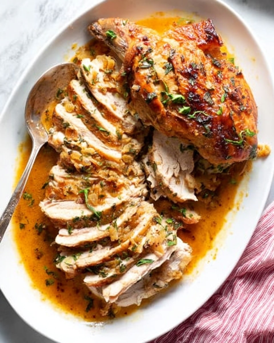 The image shows a white oval plate on a white marbled surface with a roasted chicken that is golden brown and crispy on the outside. Next to the whole roasted chicken, several slices of tender, juicy chicken meat are arranged overlapping, showing a light brown inside with some herbs sprinkled on top. There is a layer of rich, orange-brown sauce with small bits of herbs and juices spread around the chicken, giving a shiny texture. A silver spoon rests on the plate near the chicken, and a pink and white striped cloth is partially visible on the side. Photo taken with an iphone --ar 4:5 --v 7