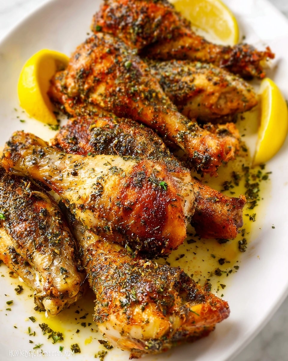 The image shows a white plate filled with seven golden brown chicken wings that have crispy, textured skin with visible specks of seasoning and chopped herbs scattered on top. There is a slice of lemon placed at the edge of the plate, adding a bright yellow contrast to the wings. The plate sits on a white marbled surface which provides a clean, light background that highlights the rich colors and textures of the chicken wings. photo taken with an iphone --ar 4:5 --v 7