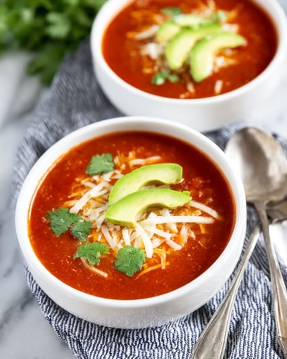 A white bowl filled with bright red tomato soup sits on a white marbled surface. The soup has a smooth texture and is topped with shredded cheese and slices of fresh avocado arranged neatly on top. Small green cilantro leaves add a fresh touch. Nearby, a second white bowl with the same soup and toppings is also visible. Two silver spoons rest beside the bowls, and a striped cloth is partially under the front bowl. Photo taken with an iphone --ar 4:5 --v 7