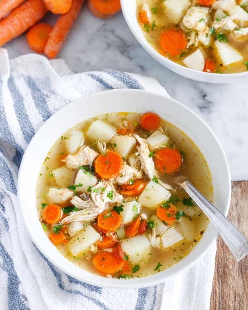 A white bowl filled with clear chicken soup containing small pasta shells, sliced orange carrots, and shredded white chicken pieces, all floating in a light golden broth. Next to the bowl, there are four square saltine crackers stacked slightly overlapping. Above on a white marbled surface, a bunch of fresh orange carrots with green tops lies next to a white bowl with more soup. To the right of the main bowl, two silver spoons rest on the white marbled surface. Photo taken with an iphone --ar 4:5 --v 7