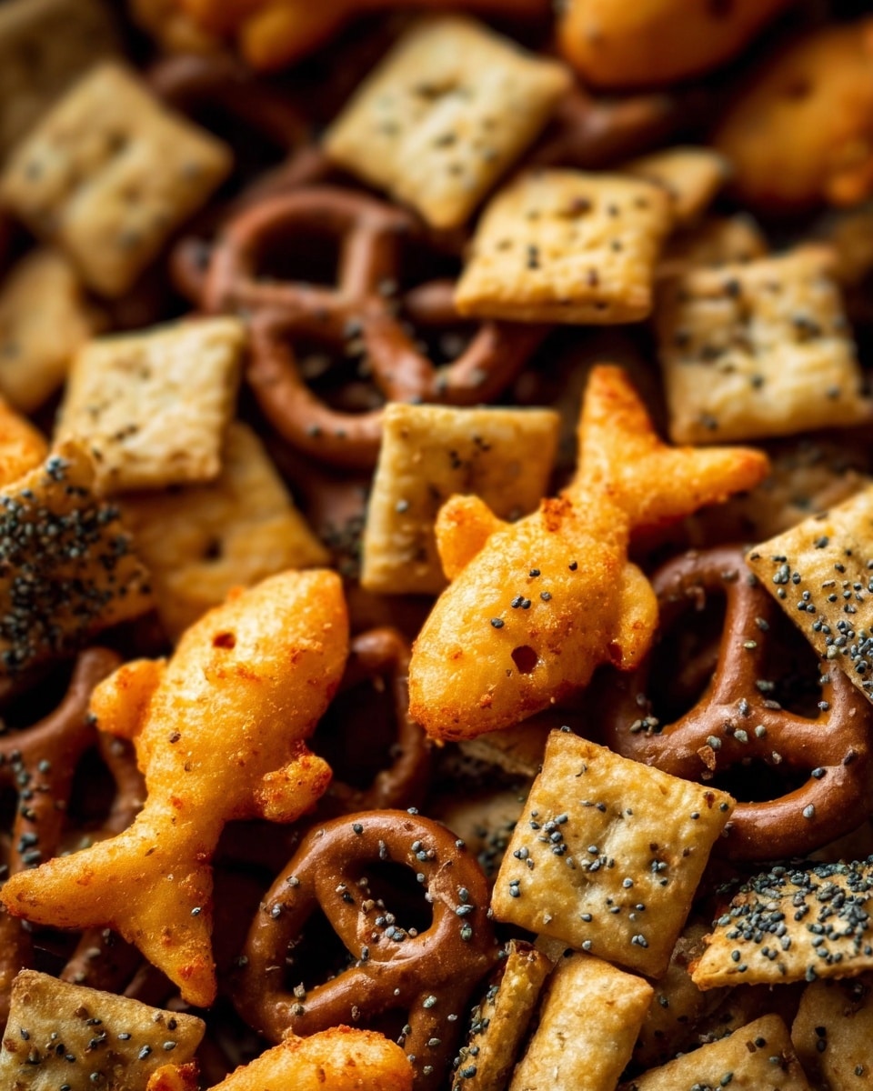 The image shows a close-up of a snack mix with several layers of small pretzels that are brown and sprinkled with seeds, bright orange fish-shaped crackers with some seasoning on top, and square-shaped crackers in a light golden color also covered with seasoning. The mix is full and fills the frame with a textured, crunchy look. The background has a soft focus that highlights the snacks' details and colors. photo taken with an iphone --ar 4:5 --v 7