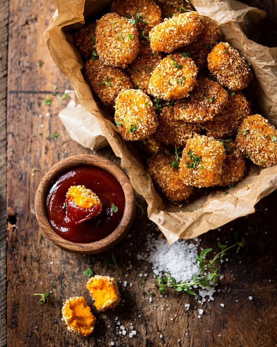 A tray lined with light brown paper holds many small, golden brown crispy nuggets sprinkled with green herbs, some resting on a small pile of coarse white salt. To the right, on a dark brown wooden surface, there is a small round wooden bowl filled with dark red ketchup, with a nugget dipped halfway in it, also sprinkled with green herbs. Below the bowl, two more nuggets lie on the wood, one broken open to show a bright orange inside. Some white salt crystals and a small green herb sprig decorate the wooden surface around the nuggets. photo taken with an iphone --ar 4:5 --v 7
