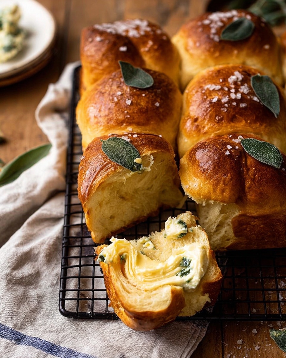 The image shows six golden-brown bread rolls arranged closely on a black wire rack, topped with coarse salt and a few small green leaves. One roll is pulled slightly away, revealing its soft, fluffy, light cream inside with a swirl of melted butter speckled with bits of green herbs. The background includes a wooden surface with a lightly colored cloth underneath the rack and part of a white plate with green garnish is visible on the left side. The whole setting is warm and inviting, with a focus on the textures of the shiny, crusty bread and the creamy melted butter. photo taken with an iphone --ar 4:5 --v 7