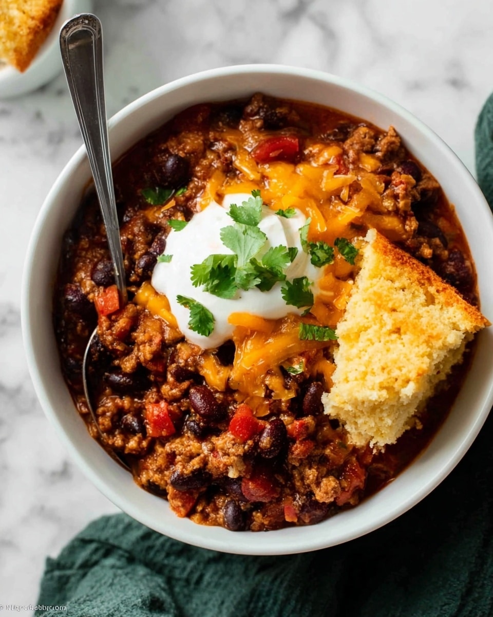 The image shows a close-up of a skillet with a casserole dish that has two main layers. The bottom layer is chunky and rich, made up of dark red tomato sauce mixed with black beans and corn, giving it a textured and hearty look. The top layer is a smooth, golden-brown baked dough crust that looks soft and slightly cracked, covering most of the filling except for one missing piece. Three fresh green slices of jalapeño pepper are placed on top of the crust, adding a bright, fresh contrast. A spoon is scooping some of the filling and crust from the skillet, with the spoon holding a fresh jalapeño slice. The skillet is set on a white marbled surface with part of a dark green jalapeño and a dark green cloth visible nearby. Photo taken with an iphone --ar 4:5 --v 7