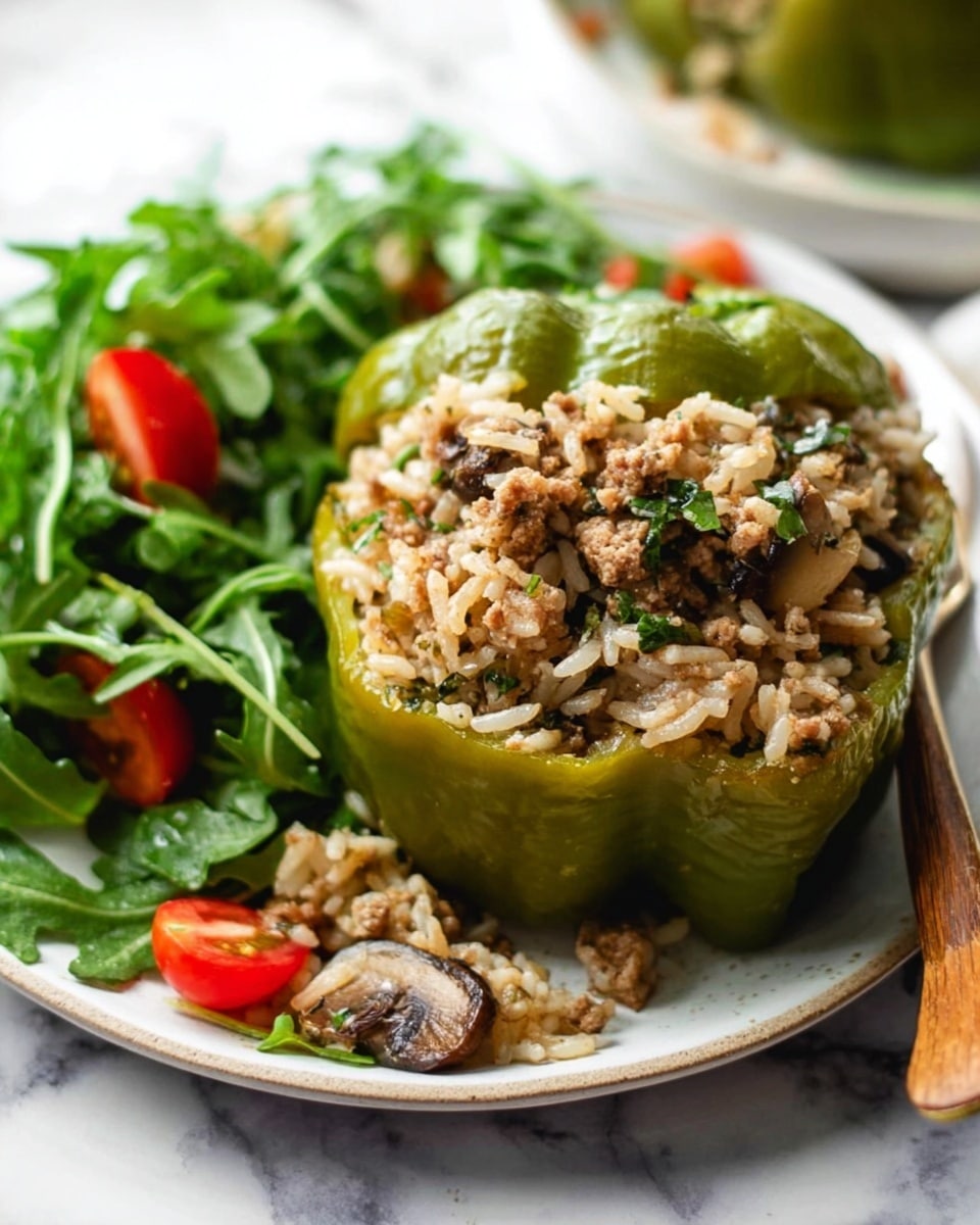 The image shows a white plate with a green bell pepper stuffed with a mix of cooked rice, small pieces of ground meat, and finely chopped mushrooms. The pepper is cut in half, with the filling heaped up and some spilling over the edges. Behind the stuffed pepper, there is a fresh salad made of green leafy arugula and small red cherry tomatoes, adding bright colors to the dish. The plate rests on a white marbled surface, and there is a wooden utensil partially visible on the right side of the plate. The photo taken with an iphone --ar 4:5 --v 7