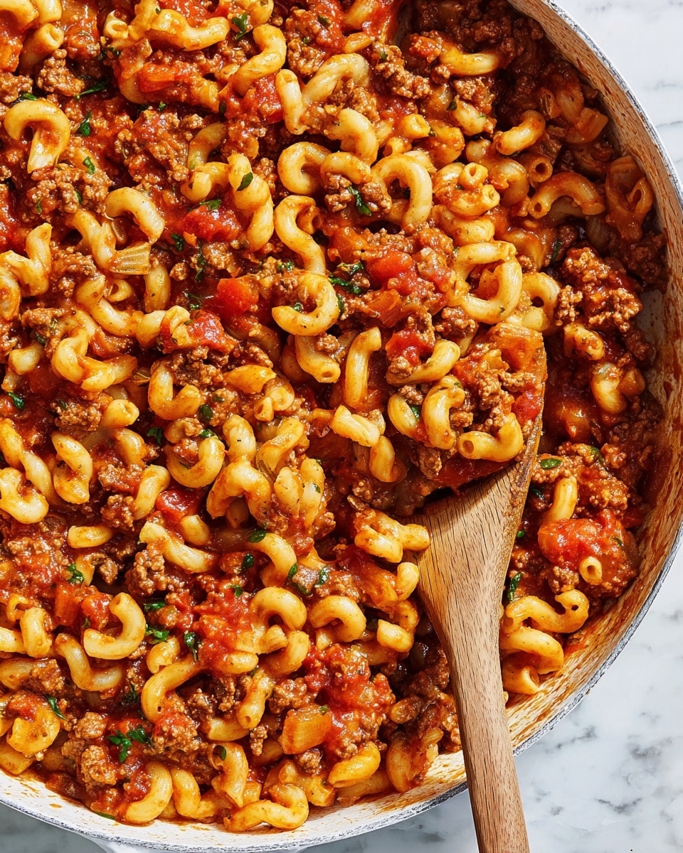 This image shows a close-up of a cooked dish with small elbow macaroni mixed with ground meat in a thick orange-red sauce, evenly coated and steaming. Bright green chopped herbs are sprinkled on top, adding contrast to the warm colors. A wooden spoon is partially visible on the right side, slightly stirring the pasta mixture. The background has a white marbled texture. photo taken with an iphone --ar 4:5 --v 7