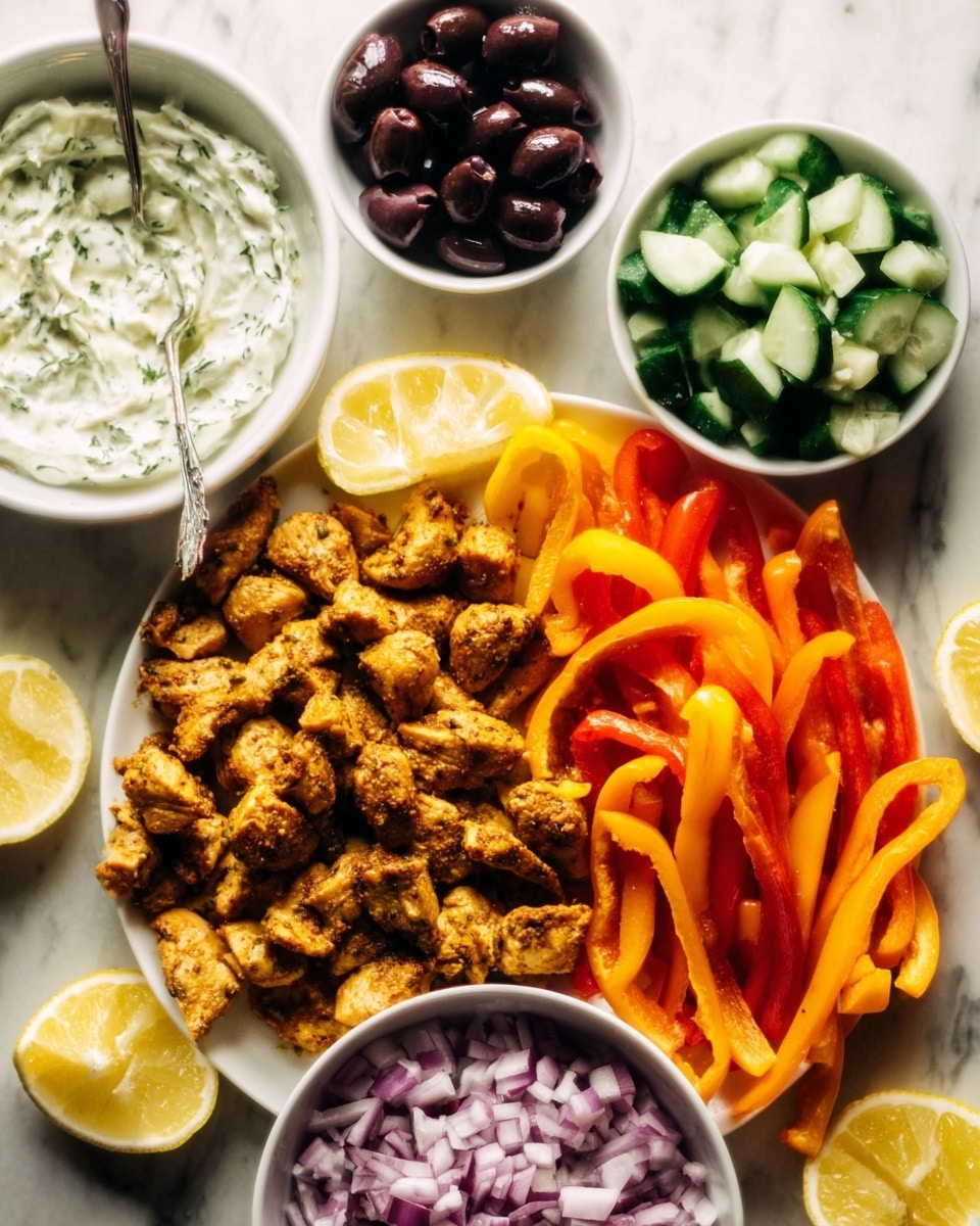 This dish shows a white plate filled mostly with golden-brown cooked pieces of spiced chicken stacked on one side. Above the chicken, there are thin slices of bright orange roasted bell peppers spread out. To the top right, a white small bowl holds diced green cucumbers with dark skins. Another white bowl on the top left side contains dark black olives. At the bottom left of the plate, a bigger white bowl has creamy white sauce with green herbs swirled inside, with a spoon resting in it. Below this bowl, near the bottom edge, there is a small white bowl filled with finely chopped red onions. Lemon slices are placed around the edges of the plate. The whole scene sits on a white marbled surface. Photo taken with an iphone --ar 4:5 --v 7