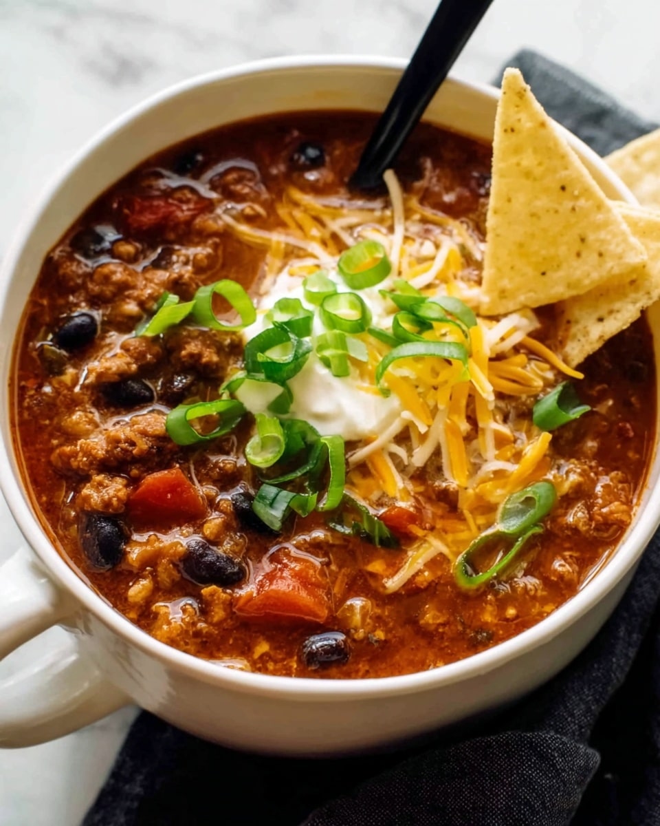 A white bowl filled with thick chili showing visible layers of chunky brown cooked meat, black beans, and small red tomato pieces in a rich reddish-brown sauce. On top, there is a dollop of white sour cream, thin slices of yellow shredded cheese, and bright green sliced scallions arranged mostly on one side. A white tortilla chip is placed upright inside the bowl on the right edge, and a black spoon is dipped into the chili on the left side. The bowl sits on a white marbled surface with a dark cloth partially showing at the base. Photo taken with an iphone --ar 4:5 --v 7