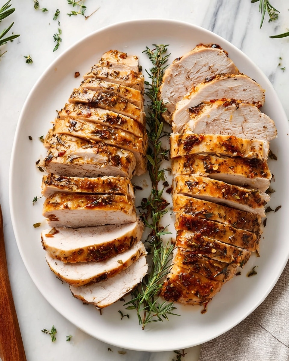 A white plate holds two pieces of cooked meat sliced into even layers, each with a golden-brown crust speckled with herbs and spices. The inside of each slice is light and tender, with the slices arranged neatly in two rows, slightly overlapping. Sprigs of fresh green herbs are scattered on top and around the meat, adding a touch of color. The plate rests on a white marbled surface with some green herbs sprinkled nearby, and a wooden utensil is partially visible at the side. Photo taken with an iphone --ar 4:5 --v 7