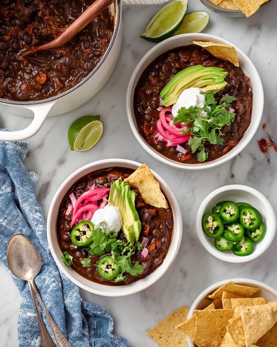 The image shows two white bowls filled with black bean stew. Each bowl has a thick dark brown stew base with whole black beans and bits of red pepper visible. On top, there are three main layers: sliced light green avocado, a dollop of white sour cream, and bright pink pickled onions. Green sliced jalapeños and fresh green cilantro leaves are also on top, adding fresh color. Two light brown tortilla chips lean inside each bowl, slightly on the edge. Nearby, a white pot contains more black bean stew with a wooden spoon resting inside. A small white bowl has sliced green jalapeños. The setup is on a white marbled surface with a blue and white striped cloth beside the pot. Silver and wooden spoon lies near the bowls, along with lime slices and scattered light brown tortilla chips. photo taken with an iphone --ar 4:5 --v 7