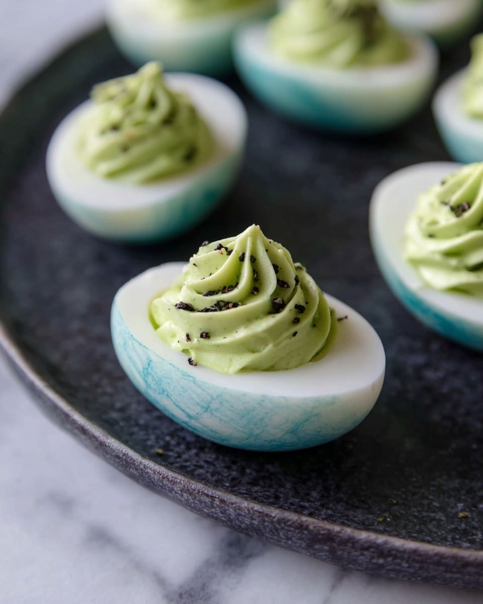 The image shows several halves of boiled eggs placed on a dark round plate over a white marbled surface. Each egg is white and positioned with the yolk side up, filled with a creamy, light green mousse that is piped in a swirled pattern. Small black pepper flakes are sprinkled on top of the green mousse, adding texture and contrast. The eggs have a faint bluish tint on the edges, with a smooth and shiny texture. The focus is on one egg in the foreground, while the other eggs are softly blurred in the background. Photo taken with an iphone --ar 4:5 --v 7