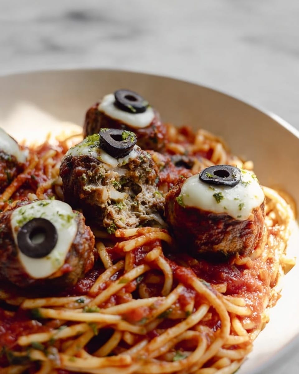 The image shows a close-up of a white plate filled with spaghetti noodles mixed with a red tomato sauce, which has visible chunks of tomato and herbs sprinkled throughout. On top of the noodles, there are four round meatballs; each meatball is topped with a layer of melted white cheese and half of a black olive. One meatball has a bite taken out, showing its moist, light brown interior. The dish rests on a white marbled surface in soft, natural light. Photo taken with an iphone --ar 4:5 --v 7