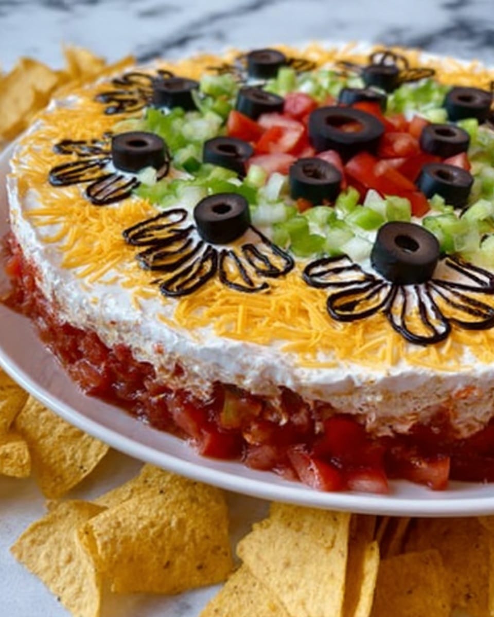 The image shows a white plate filled with layered dip. The bottom layer is red and chunky, made of diced tomatoes. Above it is a layer of finely chopped green pieces, likely green onion or peppers, followed by a thin layer of creamy white spread. On top of that is a layer of shredded yellow cheese. The plate is decorated with lines and flowers made from sour cream and black olive slices arranged on top. Around the plate, there are yellow tortilla chips. The whole scene is set on a white marbled surface. Photo taken with an iphone --ar 4:5 --v 7