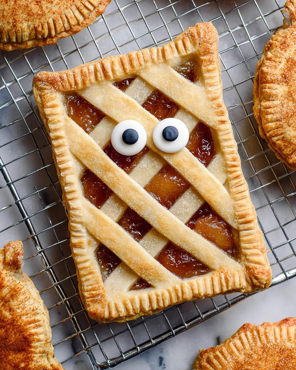 A rectangular pie with a golden-brown lattice crust forms the top layer, sprinkled lightly with cinnamon. Beneath the lattice, a shiny, amber-colored fruit filling is visible. Two round, white candy eyes with black centers are placed near the top edge, giving the pie a fun and playful look. The pie rests on a silver wire cooling rack set against a white marbled background. Nearby, there is a partially visible round pie with a crimped edge and a glossy, golden-brown surface dusted with cinnamon, and other pastries with glossy fruit fillings. Photo taken with an iphone --ar 4:5 --v 7