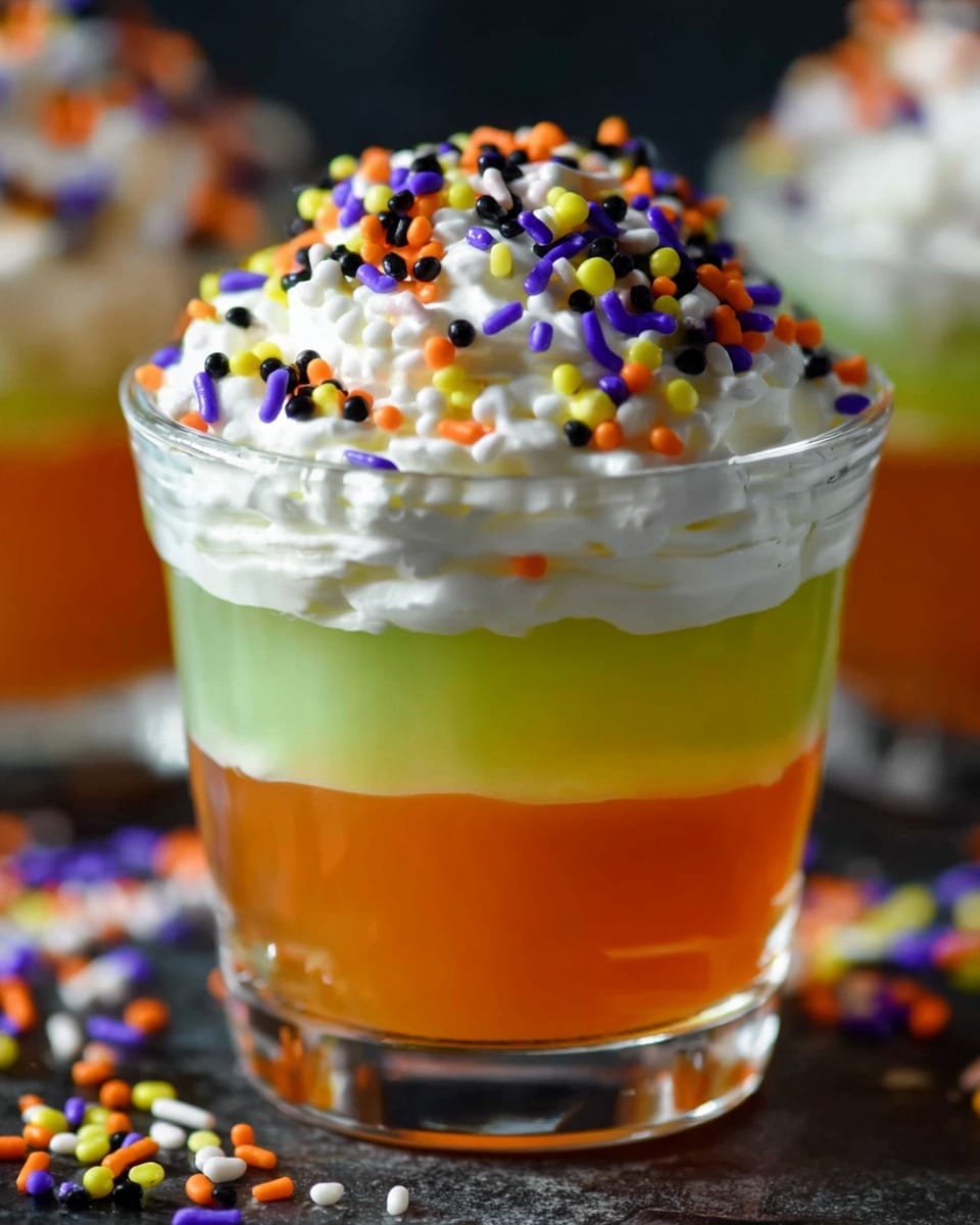 A clear glass cup holds a layered dessert with three main layers. The bottom layer is a light green gelatin that fills about one-third of the cup. Above it is a thicker, orange gelatin layer that makes up almost half of the cup. On top, a fluffy white whipped cream layer is spread, covering the gelatin completely and slightly overflowing. The whipped cream is decorated with colorful Halloween-themed sprinkles in orange, green, white, purple, yellow, and black which add a playful texture and contrast. The cup is set on a dark surface with additional sprinkles scattered nearby, and the background is blurred. Photo taken with an iphone --ar 4:5 --v 7