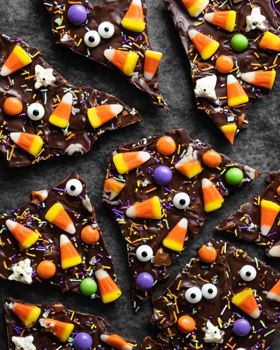 This image shows a close-up of a Halloween chocolate bark broken into uneven pieces layered on a white marbled surface. The first layer is a thick, smooth dark chocolate base with a glossy texture. Scattered on top are colorful candy corn pieces with orange, yellow, and white colors, large white candy eyes with thick black centers, small round orange and green candies, and tiny bone-shaped white candy sprinkles. There are also purple, green, orange, and black elongated sprinkles and small round confetti sprinkles in different colors spread across the bark. The bark has cracks and jagged edges where it is broken into pieces. Photo taken with an iphone --ar 4:5 --v 7
