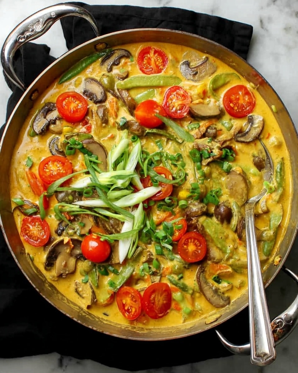 A large round pan filled with a creamy yellow curry containing many ingredients, topped with slices of bright red cherry tomatoes and a generous amount of chopped green onions scattered over the top. Inside the dish, you can see slices of brown mushrooms and pieces of light green and yellow vegetables mixed well in the thick curry sauce. On one side of the pan, there is a shiny silver spoon resting inside. The pan handles are metallic and the pan is placed on a white marbled surface with a black cloth partially visible underneath. photo taken with an iphone --ar 4:5 --v 7