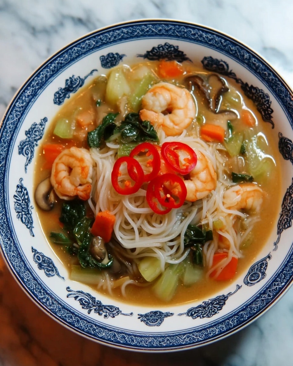 A white bowl with blue decorative patterns holds a noodle soup. The soup has three main layers: the bottom layer is a light brown broth covering the entire base of the bowl. Above this is a layer of white rice noodles spread evenly. On top of the noodles are bright orange shrimp, green leafy vegetables, small orange carrot slices, light green bok choy pieces, and some pale brown mushrooms. At the center on top are three slices of red chili peppers. The whole dish rests on a white marbled surface. photo taken with an iphone --ar 4:5 --v 7