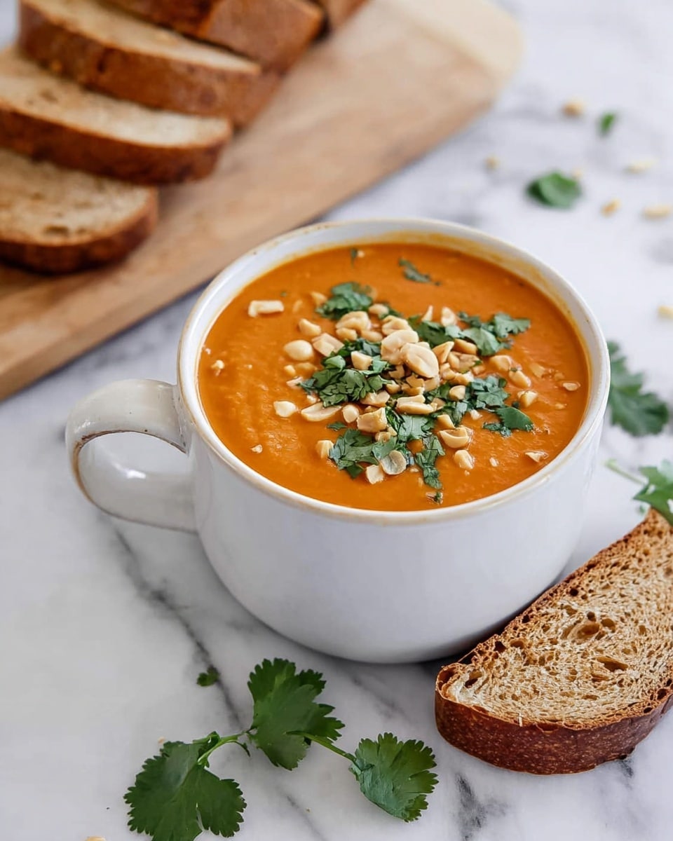 The image shows one white cup filled with smooth, thick orange soup. The soup is topped with chopped peanuts and fresh green cilantro leaves. The cup has a handle and sits on a white marbled surface. Nearby, there is a wooden board with several slices of brown bread, and a piece of brown bread is placed directly on the white marbled surface next to the cup. Some cilantro leaves are scattered around the surface. Photo taken with an iphone --ar 4:5 --v 7