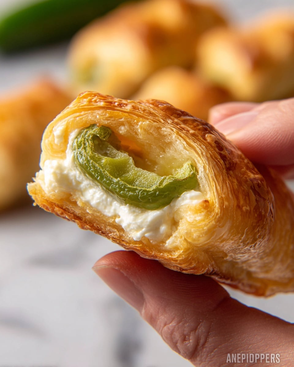 A close-up of a small green jalapeño pepper filled with white creamy cheese, topped with two small candy eyes near the top center, wrapped in thin, golden-brown baked dough strips that look like mummy wrappings, held by a woman's hand with a metal spatula that has a wooden handle, with many similar jalapeños in the blurred background lying on a baking tray on a white marbled surface. Photo taken with an iphone --ar 4:5 --v 7