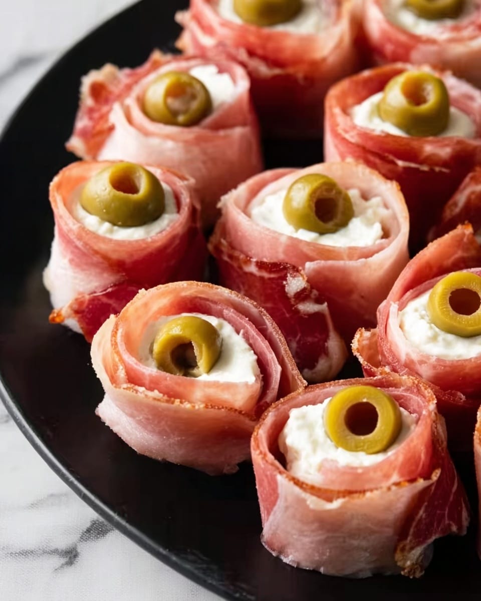 The image shows several small round appetizers arranged closely together on a round black plate placed on a white marbled surface with a black and white grid pattern underneath. Each appetizer has three visible layers: a base layer of thinly sliced pink meat wrapped around the sides creating a rose-like shape with soft, slightly translucent texture; a middle layer of creamy white filling, smooth and thick, sitting inside the meat wrap; and a top layer consisting of a single whole green olive with a small orange filling in its center, adding a pop of color. The appetizers are uniform in size and neatly placed, with even spacing between them. photo taken with an iphone --ar 4:5 --v 7