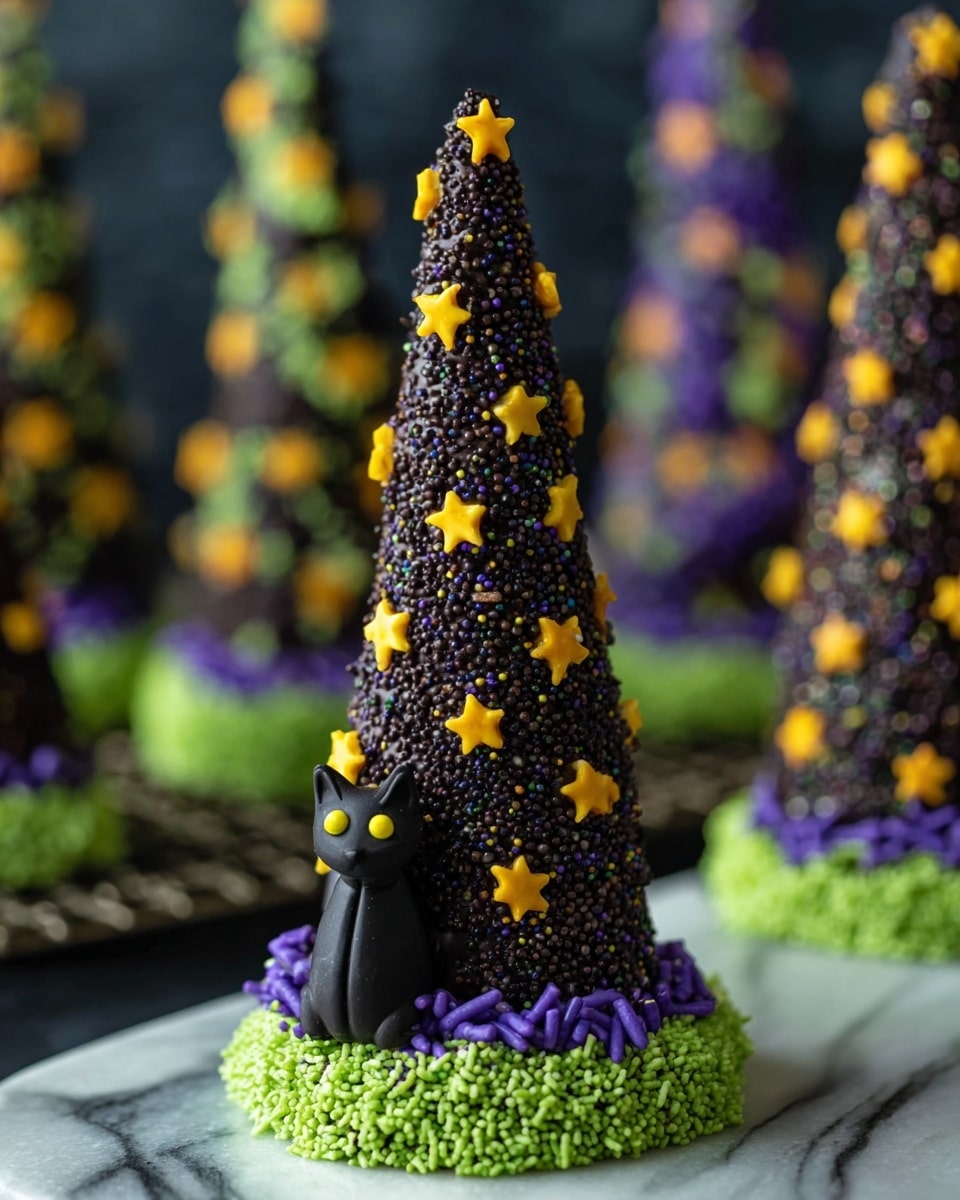 A cone-shaped treat covered with tightly packed purple, orange, and green sprinkles stands upright on a white fluted plate. The base of the cone is a light brown waffle cone, visible beneath the dense layer of sprinkles. The plate is scattered with more sprinkles in the same colors, adding a playful look around the cone. The background is a white marbled texture that contrasts with the vibrant colors of the sprinkles, making them stand out sharply. photo taken with an iphone --ar 4:5 --v 7