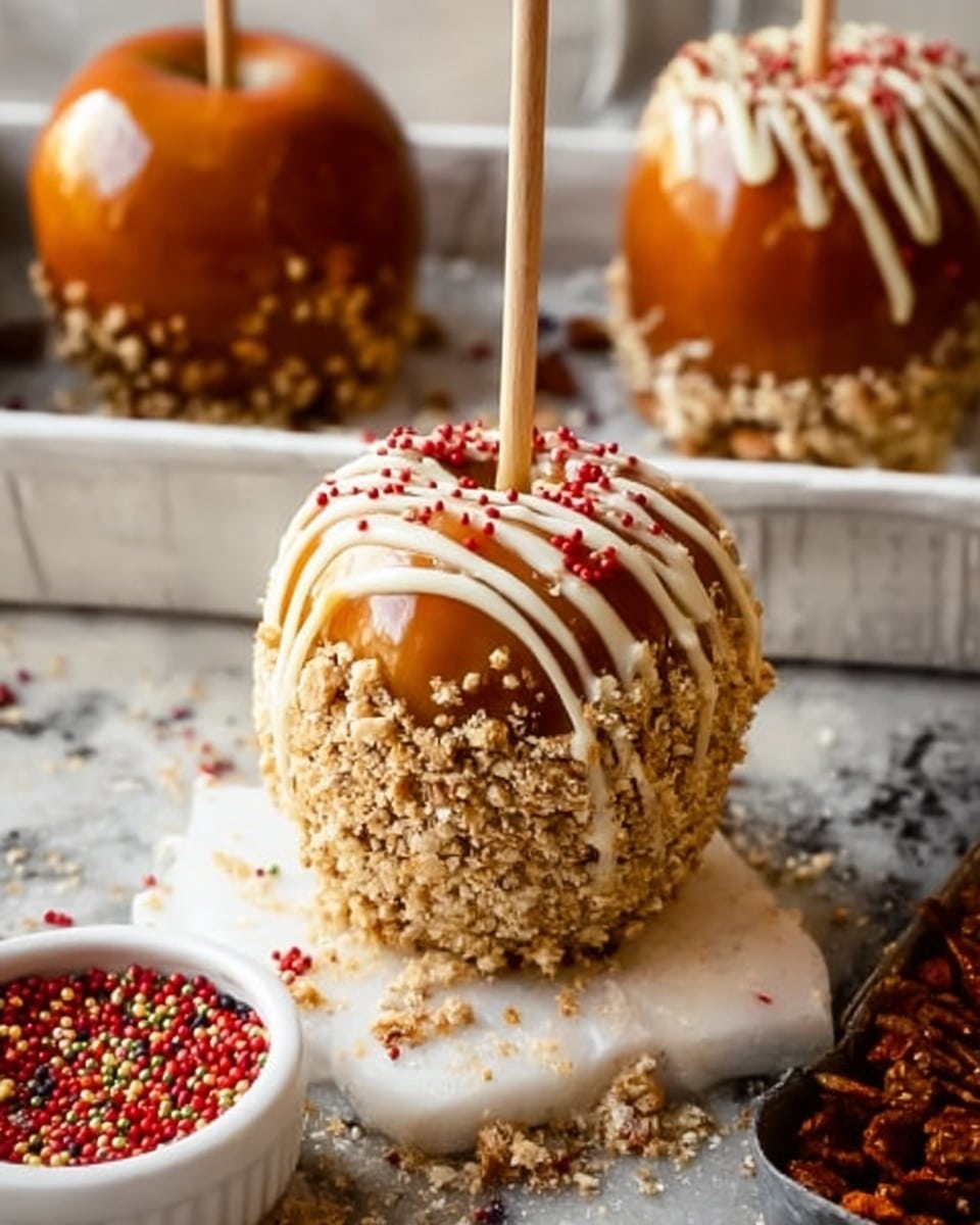 A shiny caramel-covered apple mounted on a wooden stick is placed in the center, coated with a rough layer of crushed nuts at the bottom half, and drizzled with white chocolate on top. Small red and brown round sprinkles are scattered on the white chocolate drizzle. The apple rests on a white marbled surface sprinkled with more nut crumbs and colorful round sprinkles. To the side, there is a white bowl filled with red and brown round sprinkles. In the background, two more glossy caramel apples on sticks are resting in a white tray with a white marbled surface. photo taken with an iphone --ar 4:5 --v 7