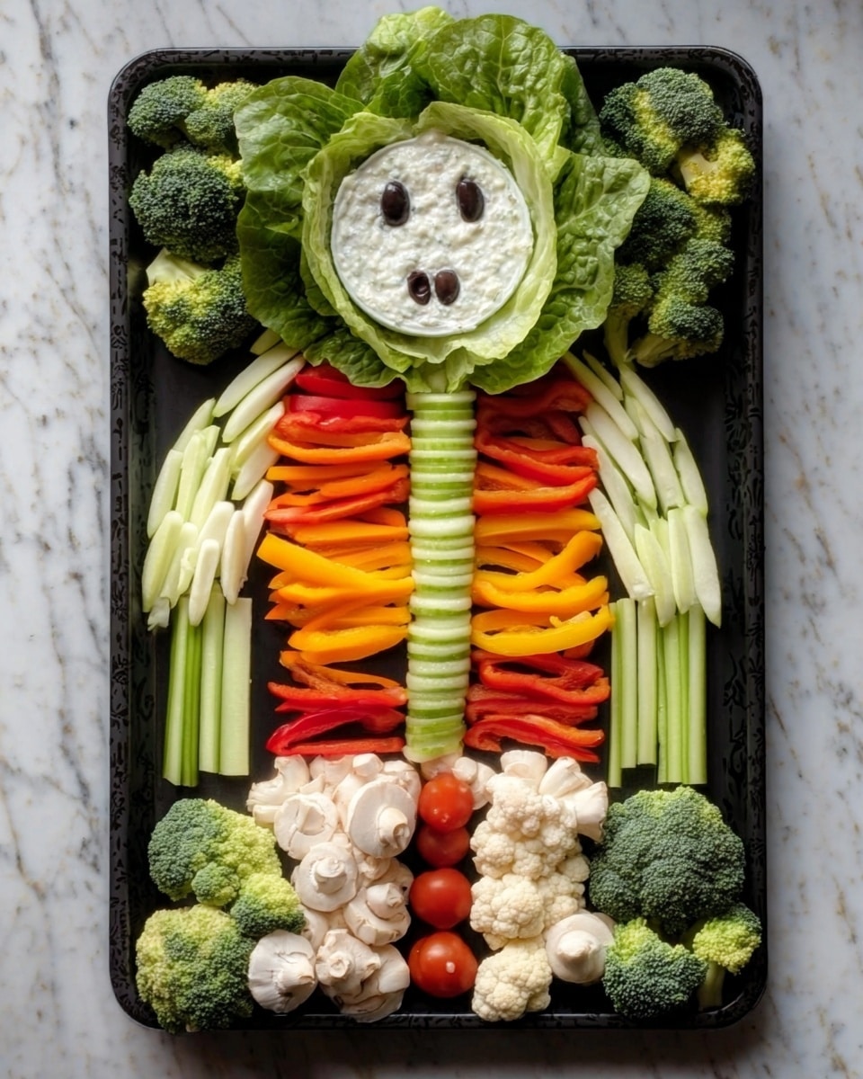 A rectangular black tray on a white marbled surface holds a creative vegetable arrangement resembling a skeleton. At the top center is a small white bowl filled with white dip, decorated with dark olive pieces forming eyes and a mouth to look like a face. Around the bowl is a green leafy lettuce head forming the skull’s cap. Below the face, slices of red and yellow bell peppers are layered closely in two rows to create the ribcage. A vertical line of cucumber slices runs down the middle acting as the spine. On both sides of the tray, long celery sticks are placed vertically, topped with small cherry tomatoes. Near the bottom of the tray, a cluster of sliced mushrooms forms the pelvic area. Florets of white cauliflower are at the bottom left corner while green broccoli florets are at the bottom right corner, resembling legs or feet. Photo taken with an iphone --ar 4:5 --v 7