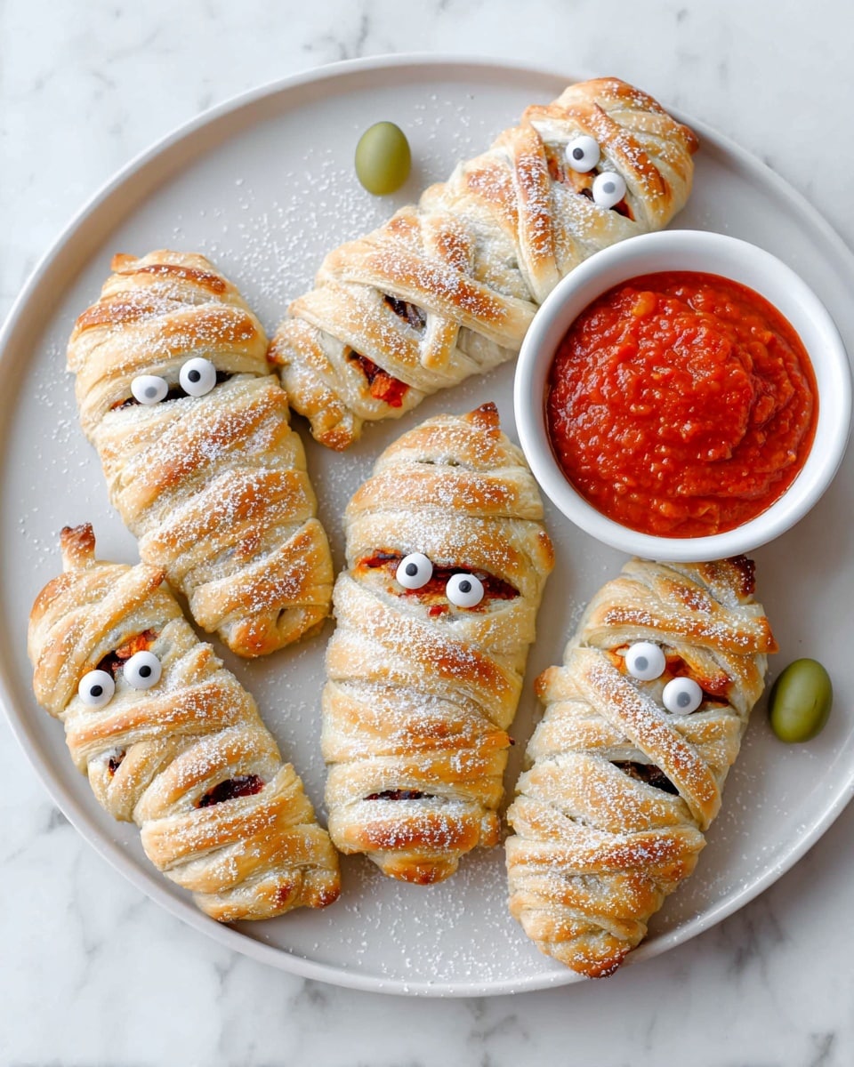 The image shows a white plate with three small mummy-shaped pastries in the center, each wrapped with light golden-brown dough strips dusted with powdered sugar. The pastries have two small candy eyes placed near the top, making them look like little mummies. Between the pastries are small olive pieces shaped like spiders, with whole olives as bodies and thin olive slices as legs. The plate sits on a white marbled surface, and there are two small white bowls near the top of the image, one filled with white candy eyes and the other with red sauce. The overall look is playful and perfect for a fun snack or Halloween treat photo taken with an iphone --ar 4:5 --v 7