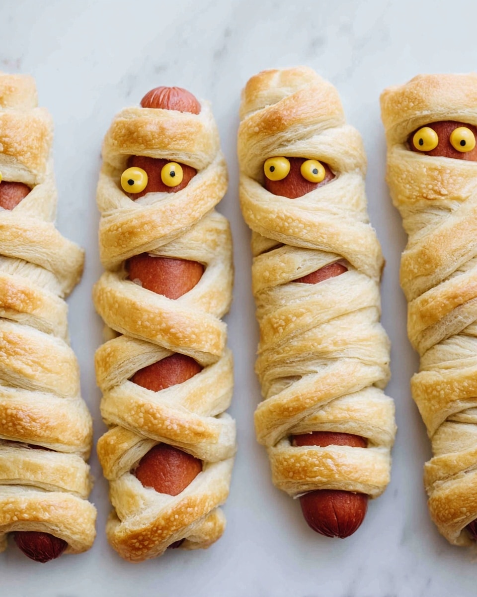 The image shows four hot dogs wrapped in light golden-brown puff pastry strips, each resembling a mummy with the pastry crossing and overlapping around the hot dog in uneven layers. The hot dogs have small, round yellow mustard dots near the top, looking like eyes. The food is arranged in a neat row on a flat white surface with a white marbled texture. The warm tones of the pastry contrast with the reddish-brown hot dogs peeking through the gaps in the wrapping, giving the impression of playful, snack-sized treats. photo taken with an iphone --ar 4:5 --v 7