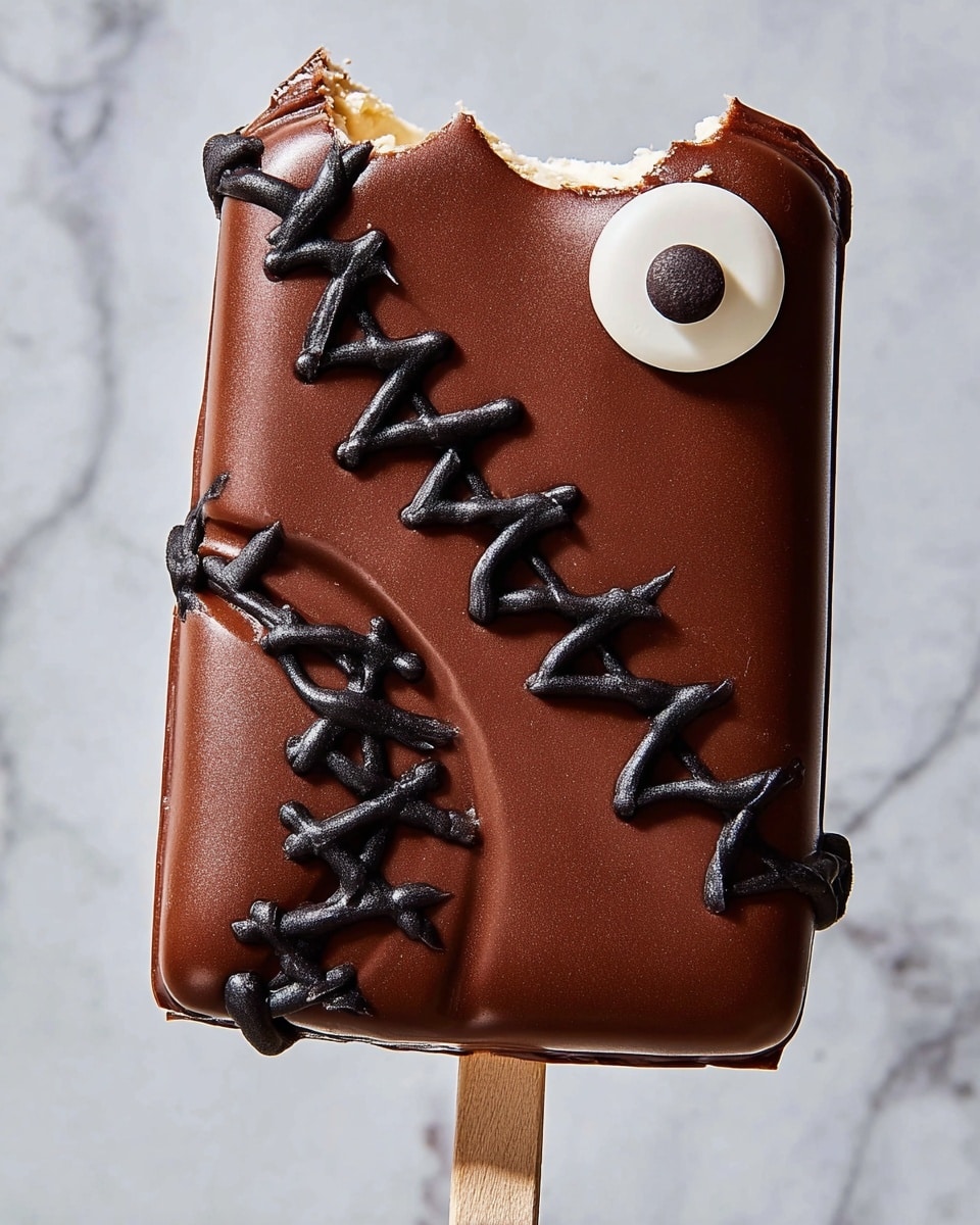 A square ice cream bar covered in smooth milk chocolate, decorated with black icing to look like stitched seams going vertically and diagonally across the front. There is a white and black candy shaped like a round eye near the top right, outlined in black icing. The bar has a bit of a bite taken out of the top left corner, exposing the vanilla ice cream inside. The bar is held up by a wooden stick against a white marbled background. photo taken with an iphone --ar 4:5 --v 7
