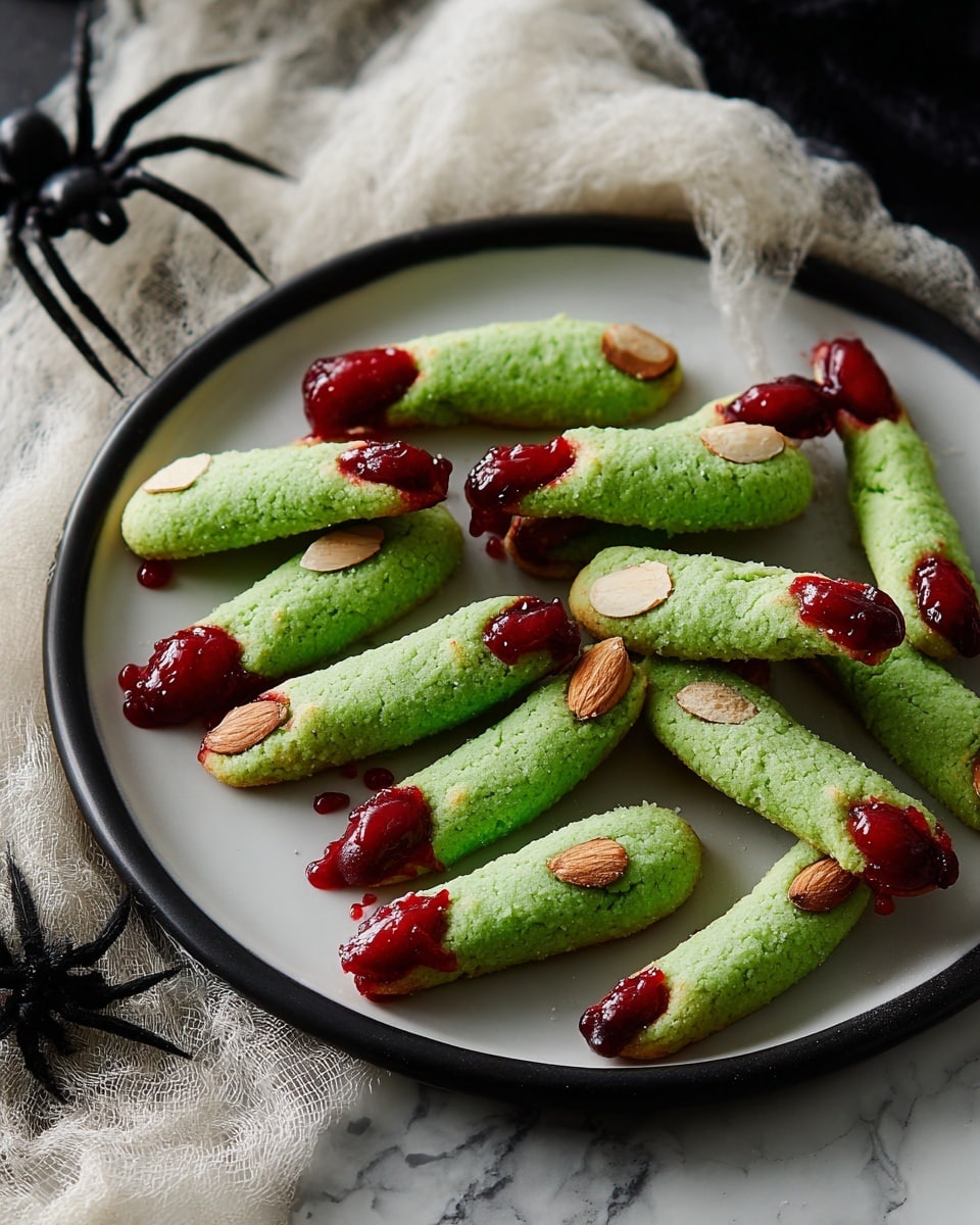 The image shows several green finger-shaped cookies placed on a white plate with a black inside. Each cookie has an almond slice pressed at one end to look like a fingernail, with red jam or sauce around the almond and at the other end, giving the look of blood. The green cookie surface has a slightly rough texture with small bumps. The plate is set on a white marbled surface with a piece of white cheesecloth and a black spider decoration nearby. The scene looks spooky and perfect for Halloween. Photo taken with an iphone --ar 4:5 --v 7