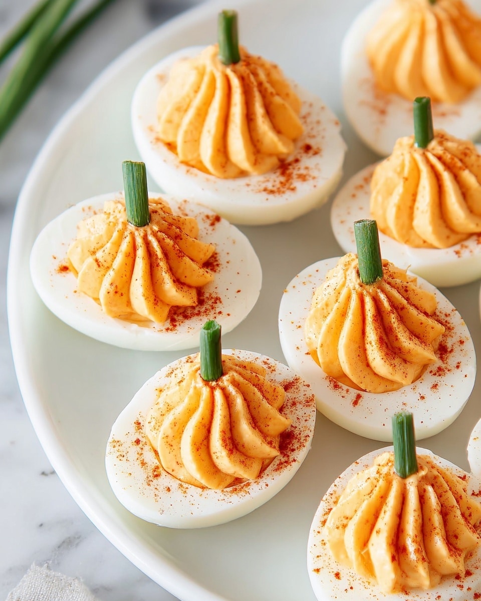 The image shows several white hard-boiled egg halves arranged on a white marbled surface. Each egg half has a smooth white egg white base and is filled with a bright orange creamy filling, swirled and shaped with grooves to resemble pumpkin segments. On top of each filled egg is a small green piece that looks like a pumpkin stem. A light sprinkle of red seasoning is scattered over the orange filling, enhancing the pumpkin look. The eggs are closely placed, filling the frame evenly. Photo taken with an iphone --ar 4:5 --v 7