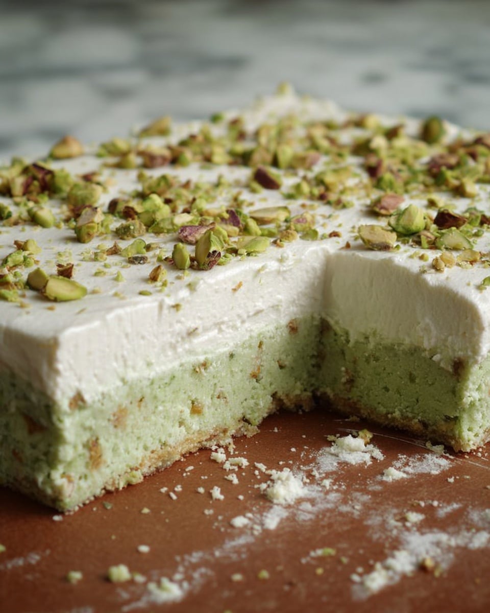 This image shows a close-up of a two-layered dessert on a brown surface, with a piece missing from the right side. The bottom layer is light green with a soft texture and small bits of nuts inside. The top layer is thick white cream spread evenly, decorated with small chopped pistachio pieces scattered on the surface. The dessert edges are smooth, with crumbs around it on the surface. The background is a white marbled texture. photo taken with an iphone --ar 4:5 --v 7