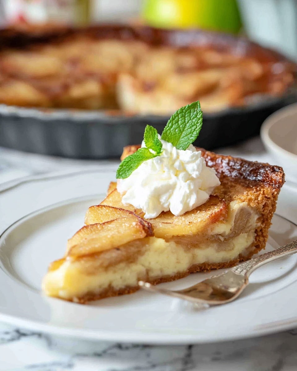 A round tart with a golden brown crust sits on a white plate. The tart has six large slices of pear neatly arranged in a radial pattern on top. Between the pear slices, the surface is dusted lightly with white powdered sugar. The tart’s crust is thick and evenly baked with a slightly crimped edge. The scene shows a white marbled surface with a yellow pear and white plates in the background, along with a colorful blue and green cloth on the side. Photo taken with an iphone --ar 4:5 --v 7