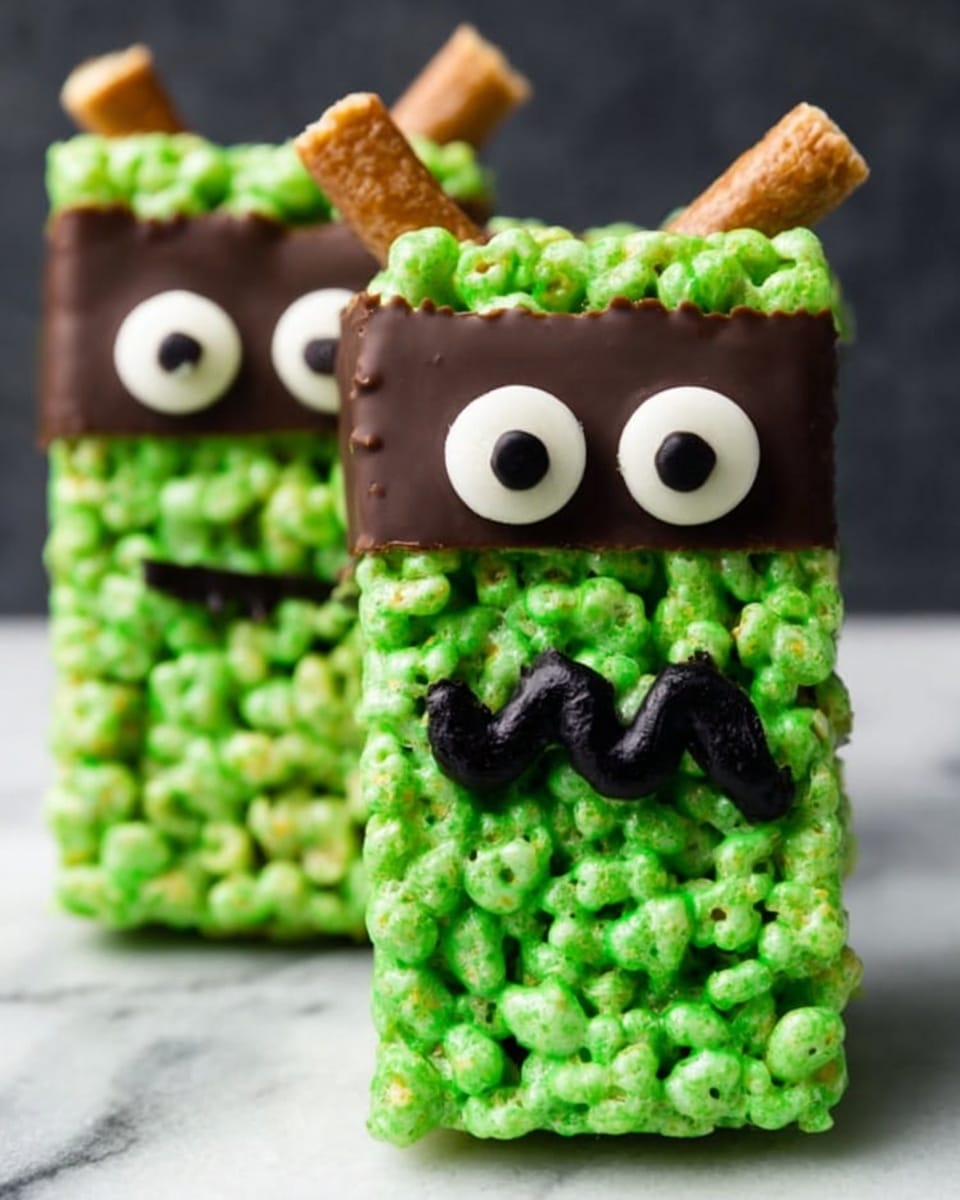 Two green crispy rice treats stacked vertically on a white marbled surface, each shaped like a rectangle and decorated as a monster face. The green popcorn layer forms the main body with a shiny texture. Dark brown chocolate covers the top band and bottom band of each treat, smooth and glossy. Large white round candy eyes with black centers sit near the top center of each treat. Below the eyes, a black icing squiggle forms a wavy mouth on the front treat. On each side of the treats, two small brown candy sticks stick out like arms. photo taken with an iphone --ar 4:5 --v 7