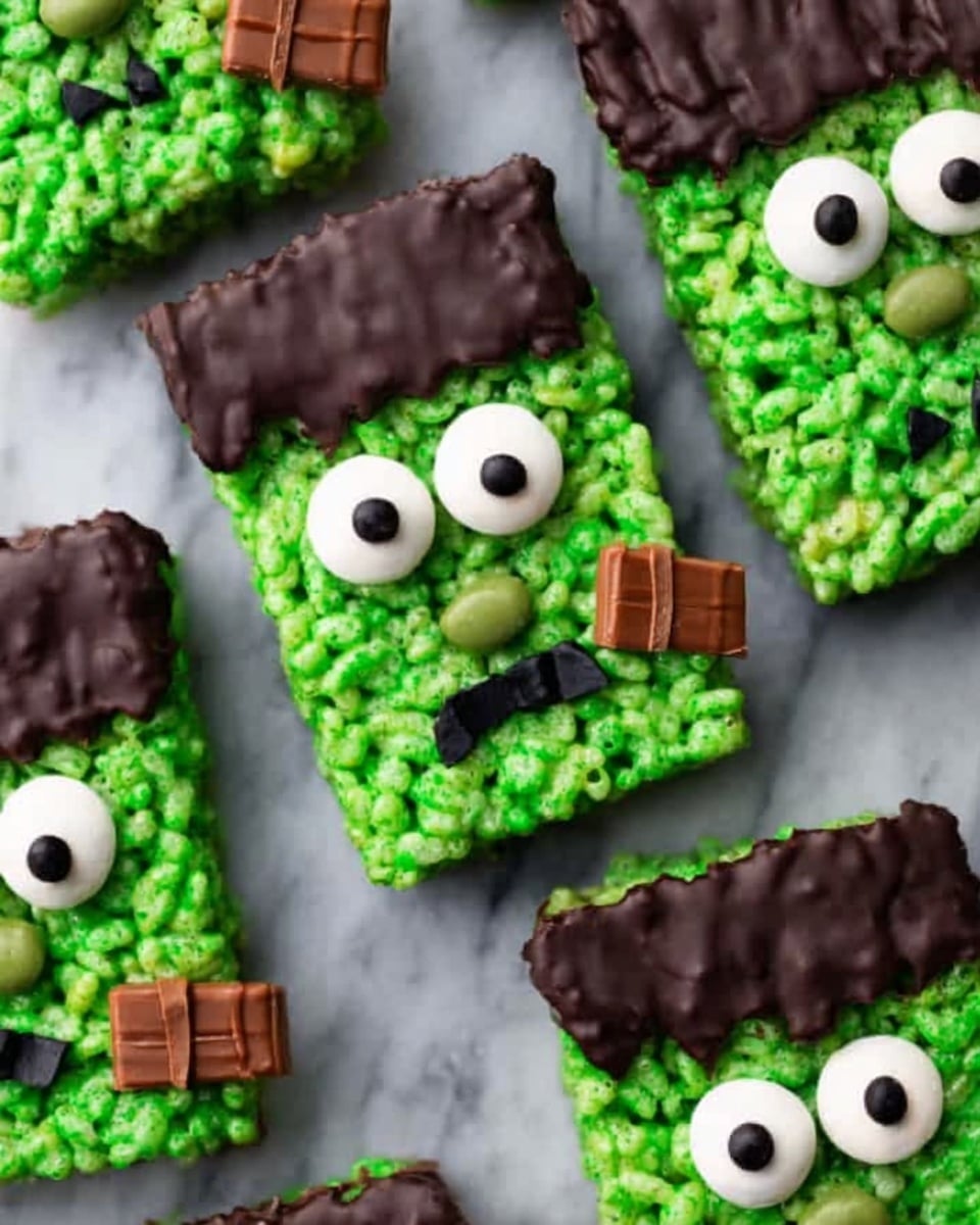The image shows several rectangular green treats made from crispy rice cereal dyed bright green. Each treat has a thick layer of melted chocolate on top, shaped like messy hair, and candy eyes with white and black circles are placed near the upper middle. Black icing forms squiggly smiling mouths below the eyes. Small pieces of chocolate sticks are attached on both sides near the middle to look like ears. These treats are arranged on a white square plate set on a white marbled surface, with more candy eyes scattered around in the background. Photo taken with an iphone --ar 4:5 --v 7