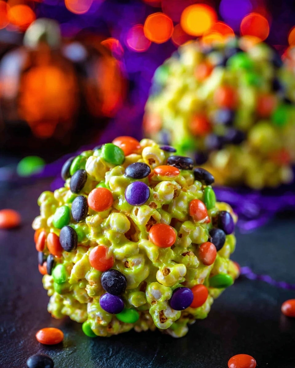 The image shows several bright yellow balls made from a sticky cereal mix, each studded with small orange and green candy pieces and topped with thin black sprinkles. The balls are placed on a dark table covered with a purple spiderweb-patterned cloth, and scattered around are loose candy pieces and a string of orange pumpkin-shaped lights. The yellow balls have a rough, bumpy texture and are arranged in a casual cluster. The whole setting feels colorful and festive. Photo taken with an iphone --ar 4:5 --v 7