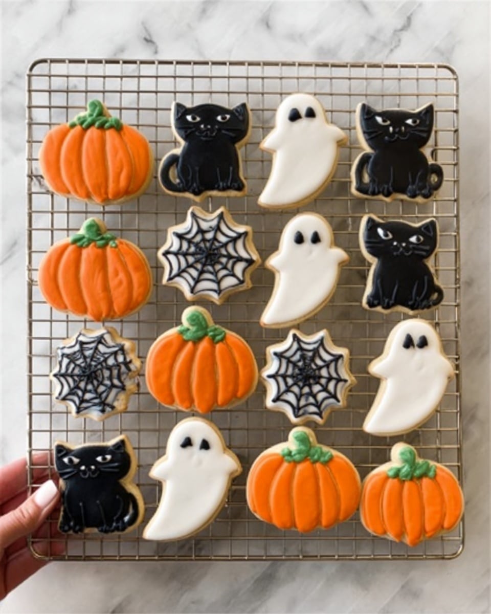 The image shows a cooling rack with twelve Halloween-themed cookies arranged in three rows of four. There are four pumpkin-shaped cookies with bright orange icing and green stems placed at the top right, middle left, middle right, and bottom middle positions. Four ghost-shaped cookies with smooth white icing and small black eyes are placed at top center right, center center left, bottom left, and bottom right. Four black cat-shaped cookies with black icing and eyes and nose details are positioned at top left, middle center right, bottom center left, and bottom right. Additionally, there are three small spider web cookies with white icing on black backgrounds placed near the pumpkin and ghost cookies. The background is a white marbled surface, and a woman's fingers are gently holding one pumpkin cookie at the bottom center. Photo taken with an iphone --ar 4:5 --v 7