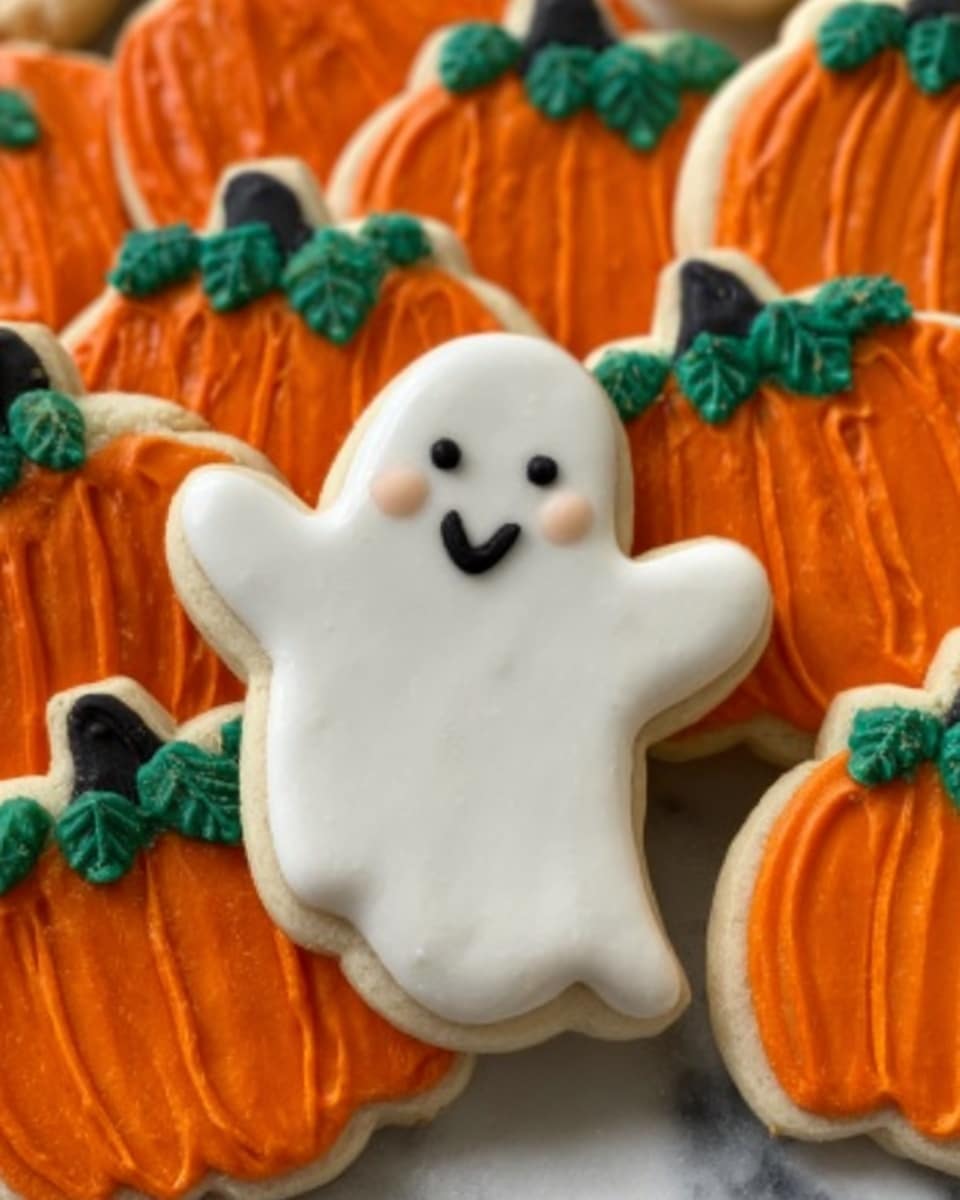 The image shows a close-up of a group of decorated cookies on a white marbled surface. There is one white ghost-shaped cookie with smooth white icing and two small black dot eyes and a smiling mouth. The ghost cookie is in the front center with one arm raised. Behind it, there are several pumpkin-shaped cookies covered with bright orange icing and lines to show the pumpkin texture. Each pumpkin cookie has a small green leaf detail at the top. The cookies look soft and fluffy with clear icing layers on a white background. Photo taken with an iphone --ar 4:5 --v 7