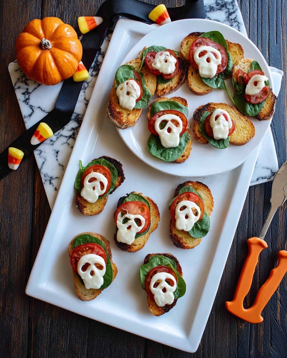 A white rectangular plate holds ten pieces of toasted bread arranged in two rows of five, each piece topped with a layer of green basil leaves and a round red tomato slice. On top of the tomatoes are white mozzarella slices shaped like small skulls with dark brown balsamic glaze spots for eyes and mouth, giving each piece a spooky look. The plate is placed on a white marbled surface with a small orange pumpkin decoration, a black ribbon with candy corn patterns, a fresh red tomato, and green basil leaves nearby. photo taken with an iphone --ar 4:5 --v 7