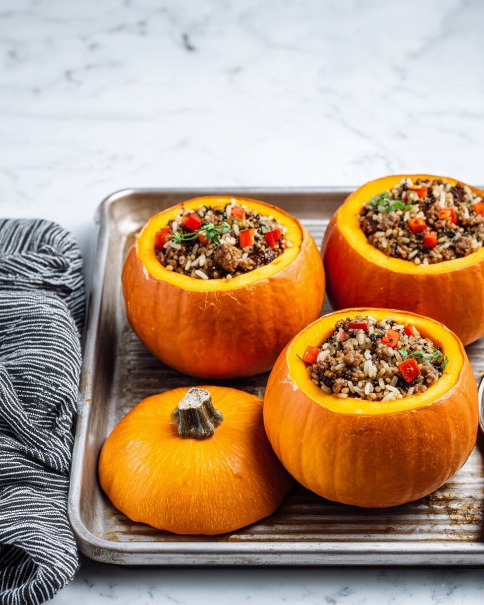 Three medium-sized hollow orange pumpkins sit upright on a silver baking tray with grooved lines. Each pumpkin is filled with a colorful stuffing mix made of rice, small pieces of red and green vegetables, and ground meat, showing a rough texture. The top round caps of the pumpkins, with clean edges, lie beside them on the tray. A black and white striped cloth rests on the left side of the tray. The background surface is a white marbled texture. photo taken with an iphone --ar 4:5 --v 7