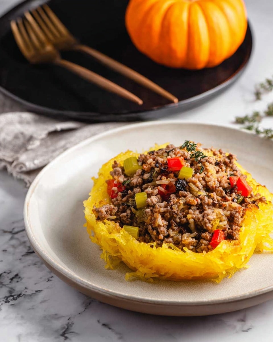 The dish is served on a white plate with a yellow layer of spaghetti squash on top, slightly peeled back to show the filling beneath. The filling consists of cooked ground meat mixed with rice, diced celery, and small pieces of red bell pepper, all combined in a textured, chunky blend sitting in the center of the plate. The plate is on a white marbled surface with a black plate holding a pumpkin and some wooden forks in the background. The overall colors are warm with yellow, red, and brown tones. Photo taken with an iphone --ar 4:5 --v 7