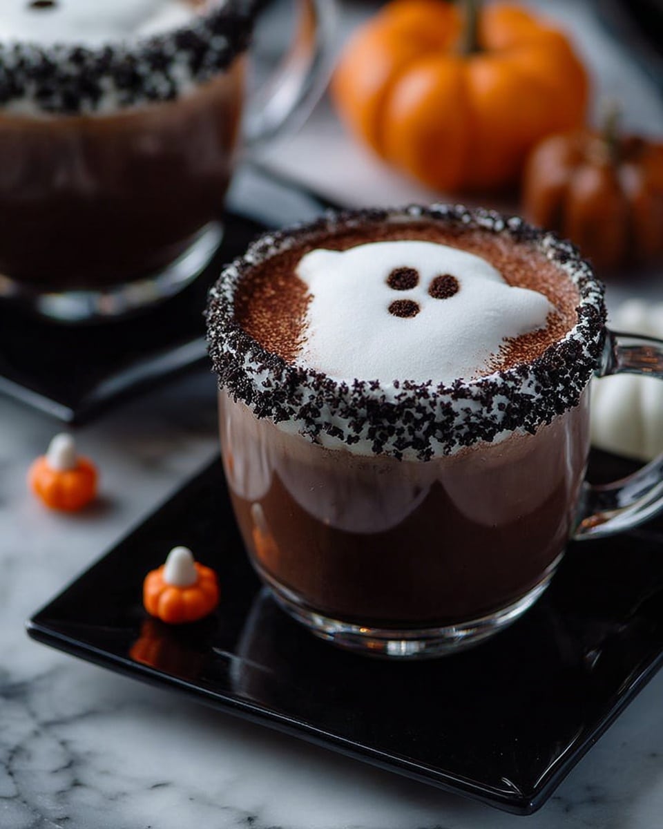 A clear glass mug filled with a dark brown hot drink topped with a layer of frothy milk foam shaped like a ghost with two eyes and a mouth. The rim of the mug is decorated with a rough layer of crushed dark and white pieces. The mug is placed on a black rectangular plate on a white marbled surface. In the blurred background, there are two small pumpkins—orange and light green with dark stripes—and a burning black candle. photo taken with an iphone --ar 4:5 --v 7