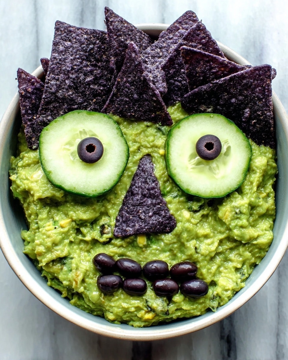 A white plate holds blue corn tortilla chips arranged around a round container filled with green guacamole, topped with a white sour cream spider web design and a small black olive in the center. On the side of the plate, there is a carved green avocado shaped like a skull, with dark eyes and mouth details. The whole setup is placed on a white marbled surface. photo taken with an iphone --ar 4:5 --v 7