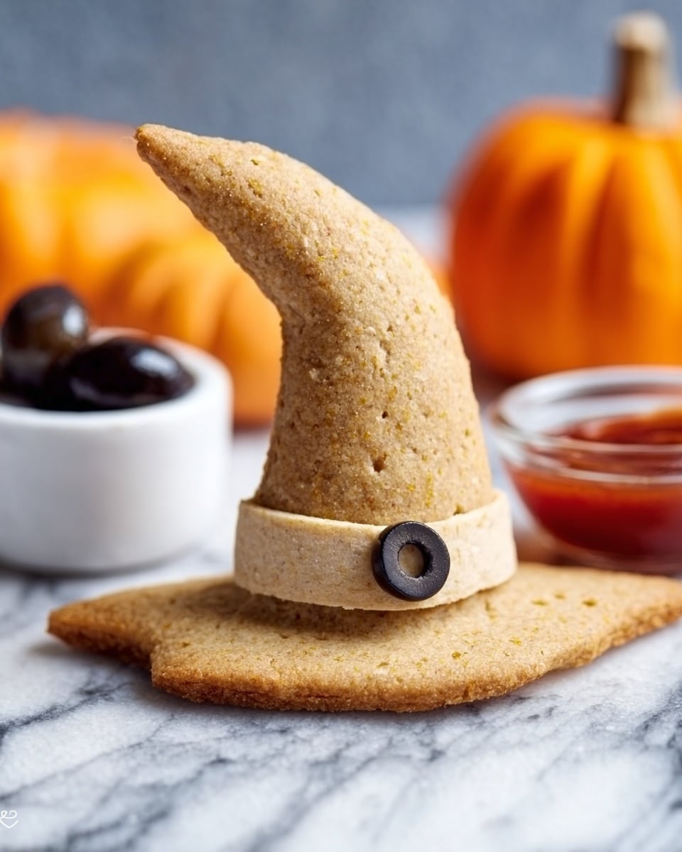 The image shows a witch hat-shaped cookie made from a light brown dough with a rough texture, sitting upright on a white marbled surface. The hat has three parts: a tall, curved cone for the top with a slightly crumbly look, a flat, wide brim below it, and a thin light beige strip wrapped around the base of the cone as a band. In the middle of the band, there is a sliced black olive placed as a round buckle. Nearby, a small white bowl filled with a dark red sauce and a few black olives inside a clear glass bowl are visible. A small orange pumpkin is blurred in the background. Photo taken with an iphone --ar 4:5 --v 7