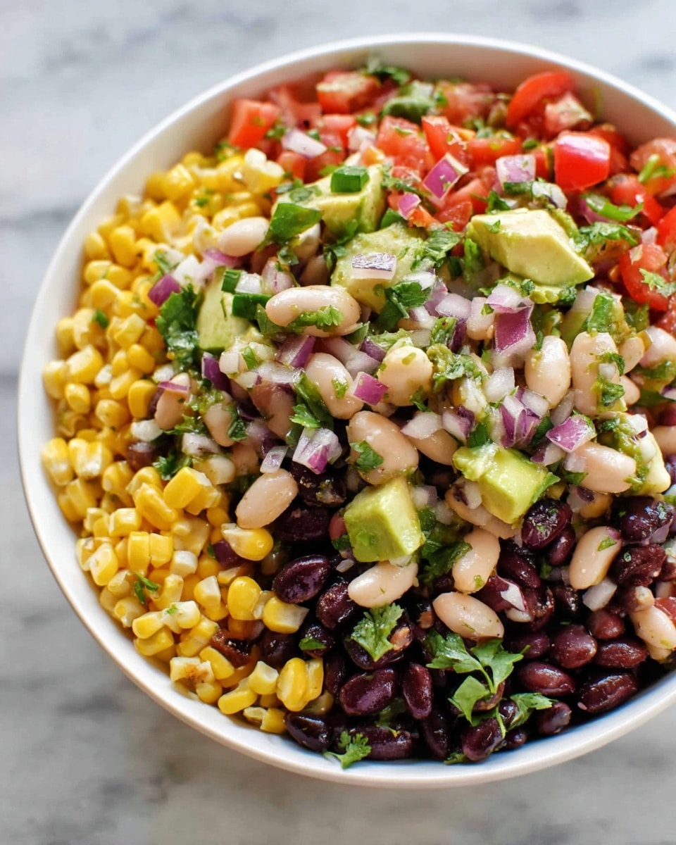 A white bowl filled with a colorful salad made of four main layers: yellow corn kernels, black beans, white beans with a bit of black ring on one side, and small pieces of avocado. Mixed within the layers are bright red tomato cubes, green leafy herbs, and small pieces of light purple onion, all combined evenly. The salad looks fresh and mixed well, sitting on a white marbled surface. Photo taken with an iphone --ar 4:5 --v 7